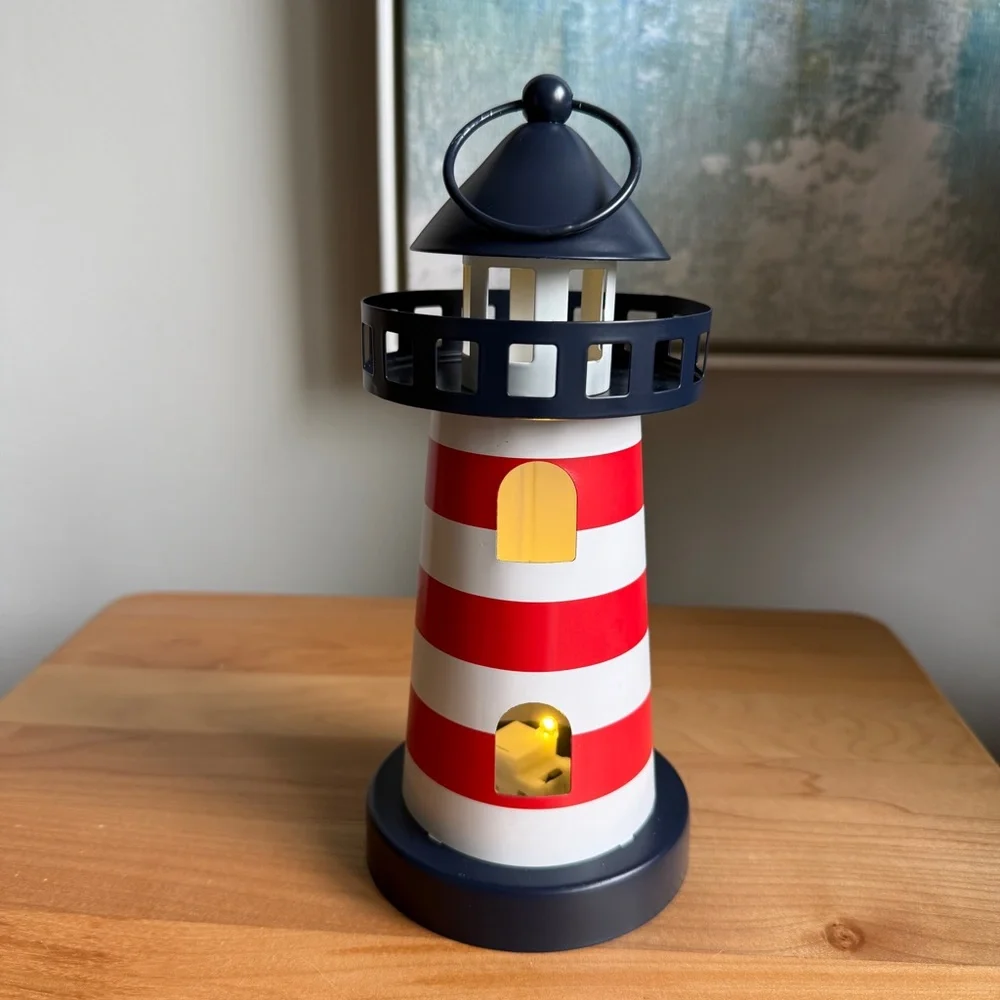 NWOT Target Bullseyes Playground Metal Nautical Coastal Lighthouse LED Lantern